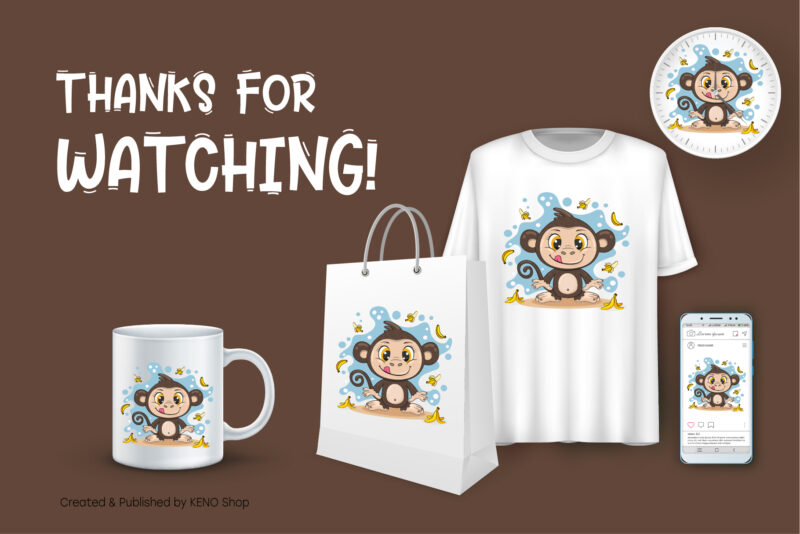 Cute Cartoon Monkey. T-Shirt, PNG, SVG.