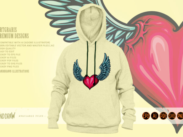 Cute heart love wings tattoo illustrations t shirt vector file