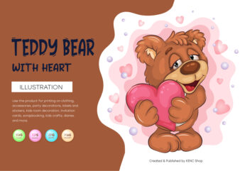 Cute Teddy Bear with Heart. T-Shirt, PNG, SVG.