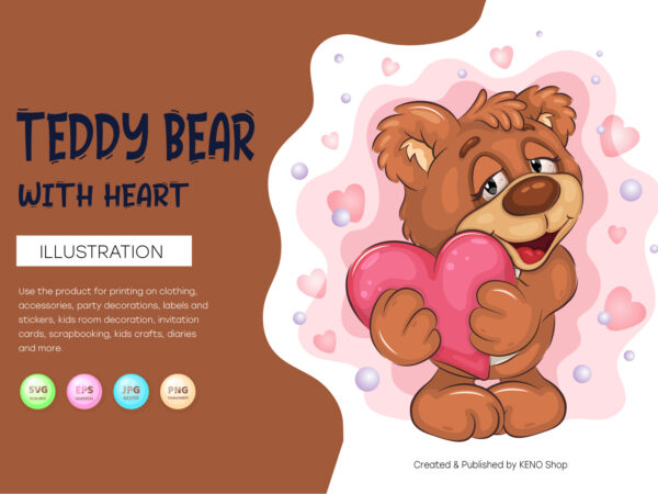 Cute teddy bear with heart. t-shirt, png, svg.