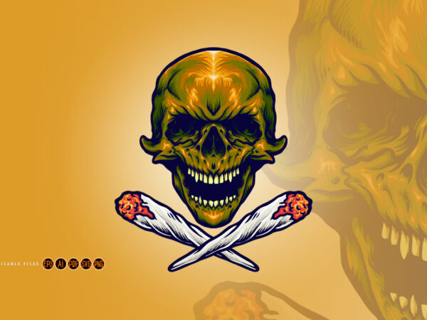 Gold skull smoking marijuana illustrations t shirt design template