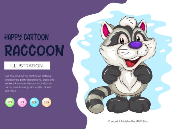 Happy cartoon raccoon. t-shirt, png, svg.