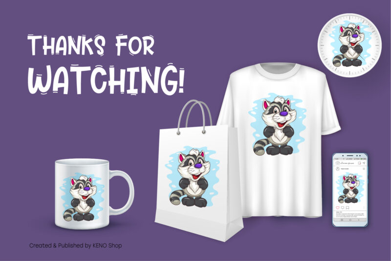 Happy Cartoon Raccoon. T-Shirt, PNG, SVG.