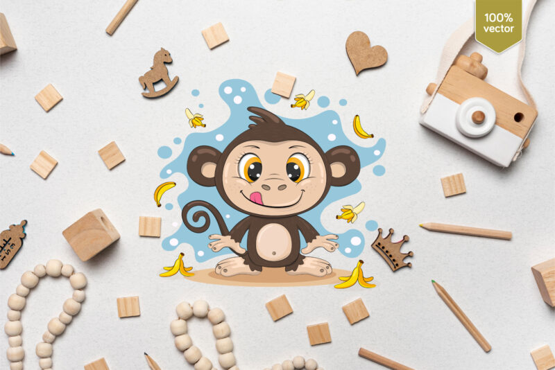 Cute Cartoon Monkey. T-Shirt, PNG, SVG.