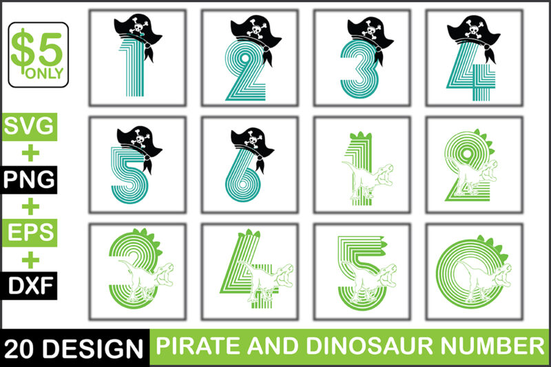 Pirate And Dinosaur Number Svg Bundle