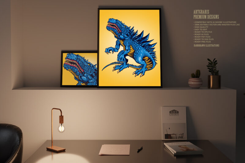 Scary blue Monster dinosaurs Illustrations