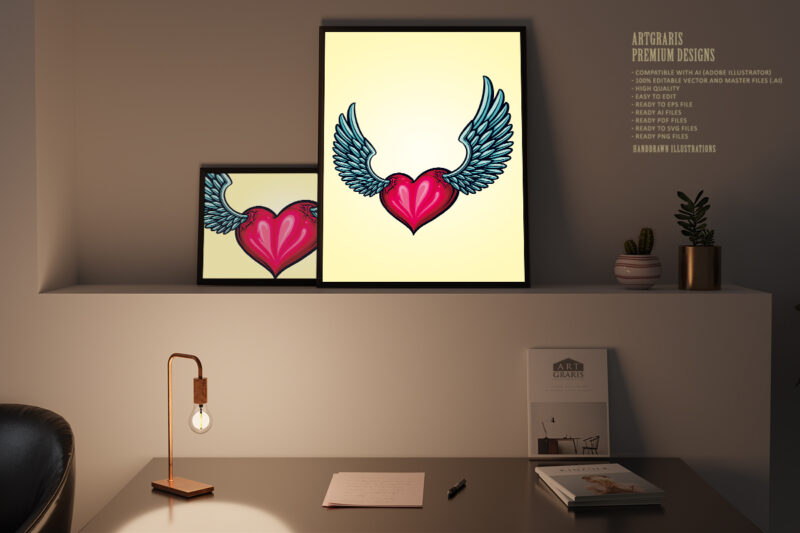 Cute Heart Love Wings Tattoo Illustrations