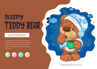 Sleepy Cartoon Teddy Bear. T-Shirt, PNG, SVG.