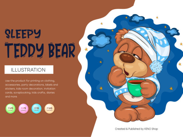 Sleepy cartoon teddy bear. t-shirt, png, svg.