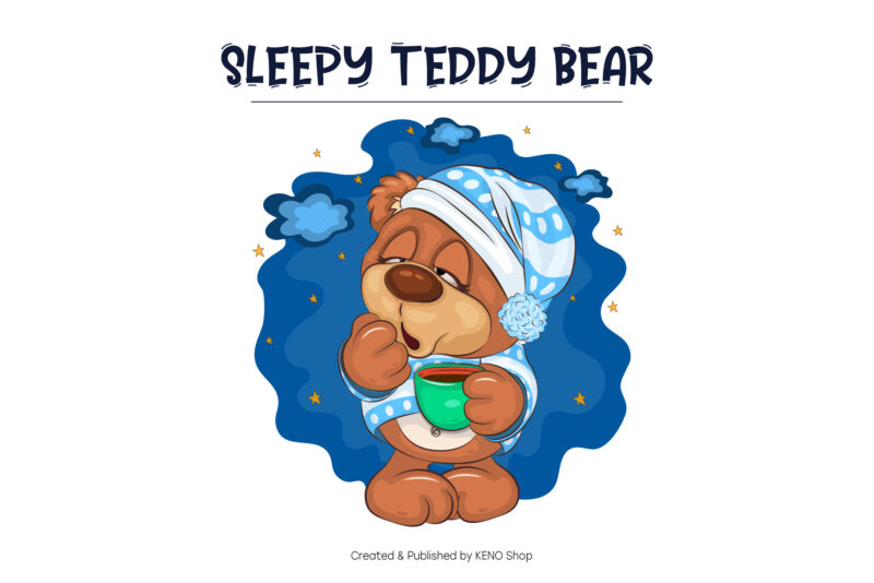 Sleepy Cartoon Teddy Bear. T-Shirt, PNG, SVG.