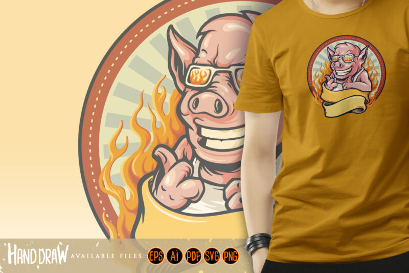 Pig barbecue bbq mascot logo Ribbon Fire Vintage