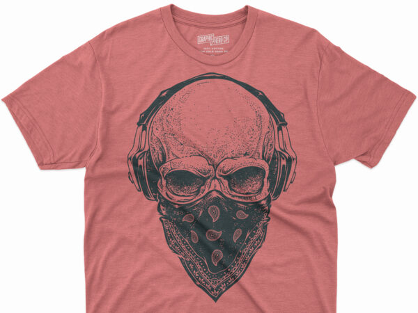 Black and white skull wearing headphones sketch t shirt template