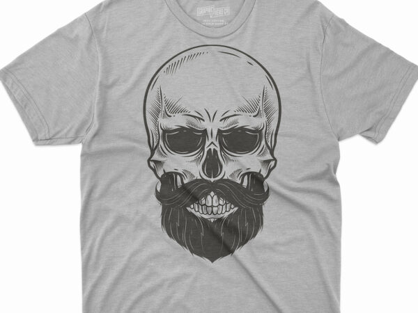 Skull beard drawing illustration, bearded skull, gray skeleton skull illustration t shirt template vector