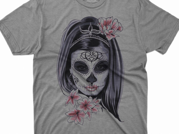 Woman wearing calavera face paint illustration, la calavera catrina day of the dead skull t shirt design for sale