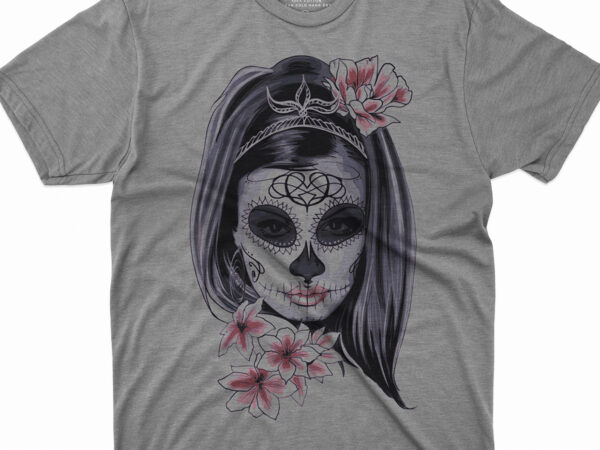 Woman wearing calavera face paint illustration, la calavera catrina day of the dead skull t shirt design for sale Woman wearing calavera face paint illustration, la calavera catrina day of the dead skull t shirt design for sale