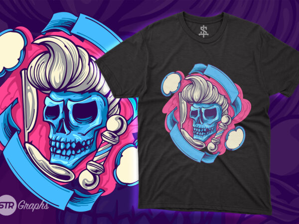 Skull babershop illustration t shirt template vector
