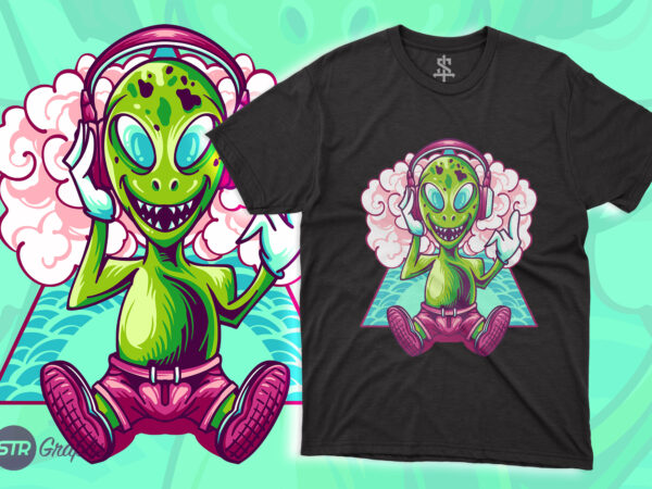 Alien listening music illustration t shirt vector