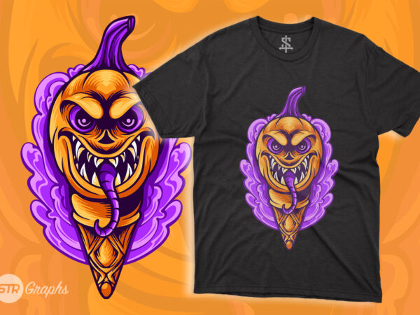 Ice cream pumpkin illustration t shirt design for sale