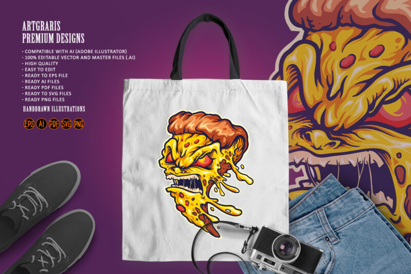 Angry pizza slice monster Logo Illustrations
