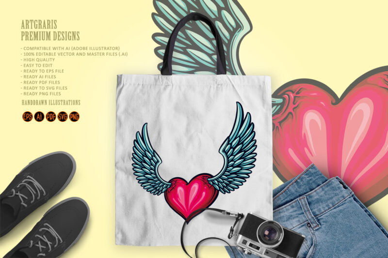 Cute Heart Love Wings Tattoo Illustrations