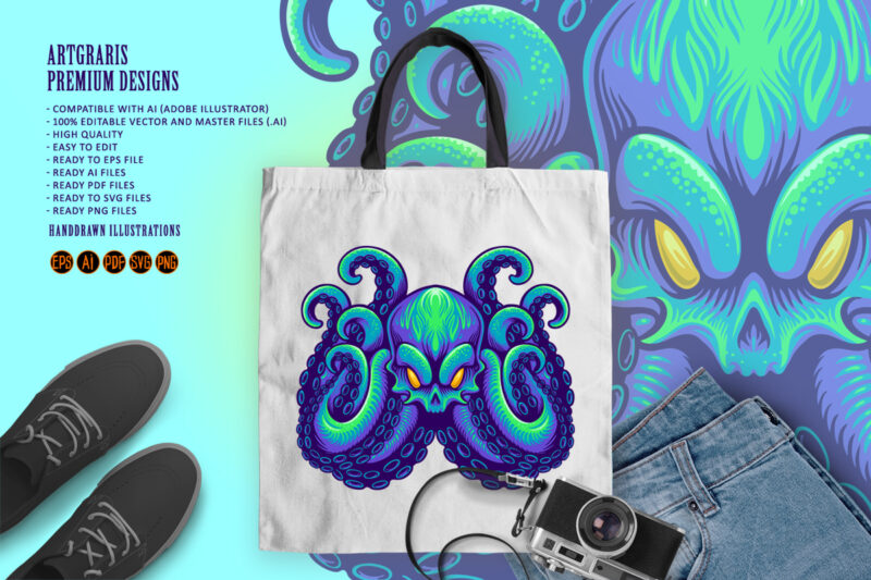 Angry Kraken mascot blue octopus Logo Mascot Illustrations