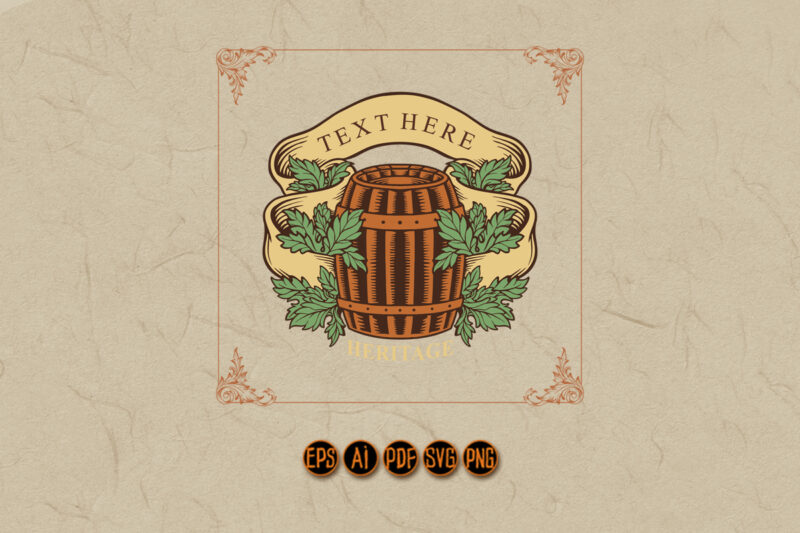Wooden Barrel Beer Leaf With Ribbon Classic Logo