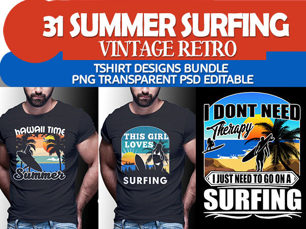 31 summer surfing vintage retro tshirt designs bundle editable
