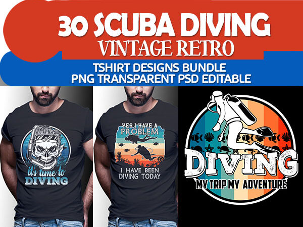 30 scuba diving vintage retro tshirt designs bundle editable