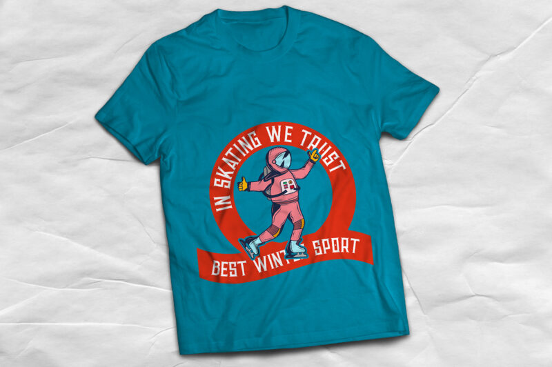 Ice skater spaceman with a phrase “in skating we trust”