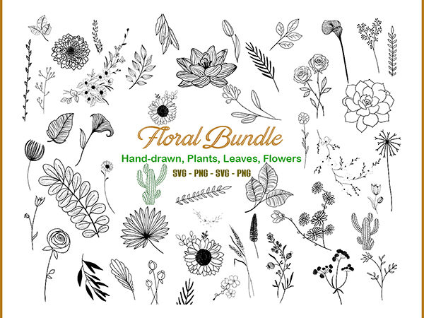 120 floral bundle svg,120 hand-drawn floral svg designs, flowers svg, plants svg, leaves svg, floral svg, digital download, flowercutfile