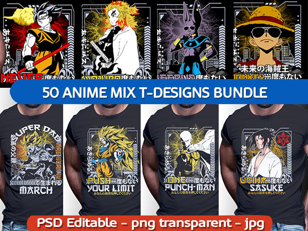 50 anime mix tshirt designs bundle editable