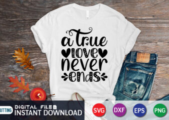 A True Love Never Ends T Shirt, Happy Valentine Shirt print template, Heart sign vector, cute Heart vector, typography design for 14 February