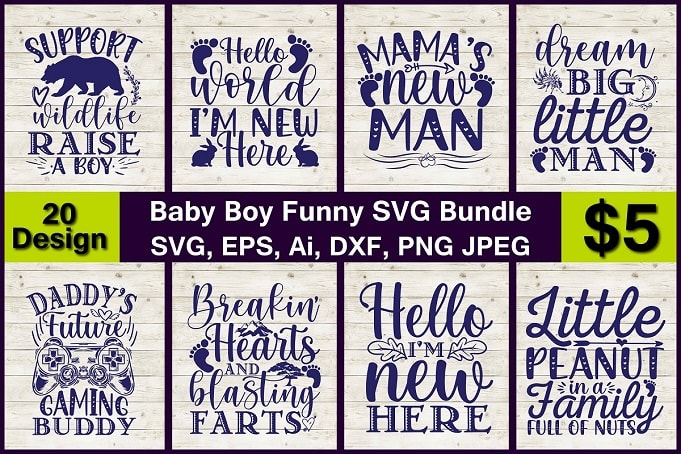 Baby Boy Funny PNG & SVG Vector 20 T-Shirt Design Bundle