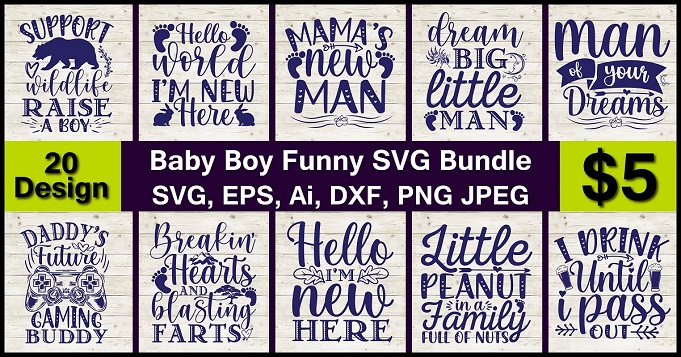 Baby Boy Funny PNG & SVG Vector 20 T-Shirt Design Bundle