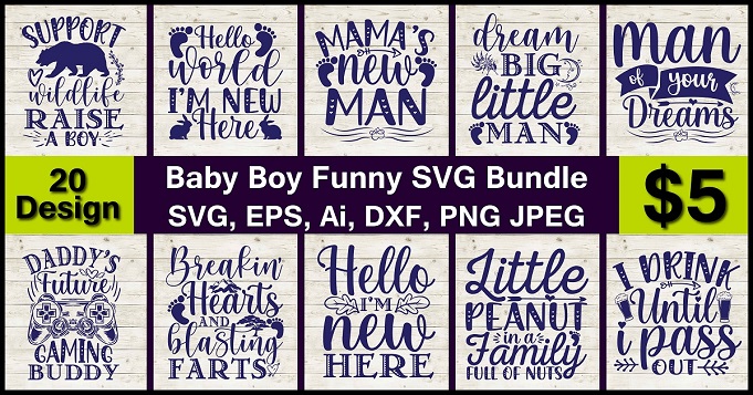 Baby Boy Funny PNG & SVG Vector 20 T-Shirt Design Bundle