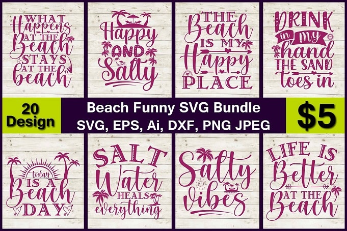 Beach Funny PNG & SVG Vector 20 T-Shirt Design Bundle
