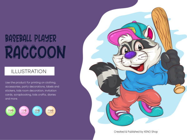 Cartoon baseball player raccoon. t-shirt, png, svg.