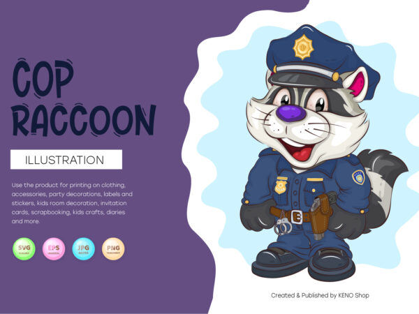 Cartoon raccoon cop. t-shirt, png, svg.