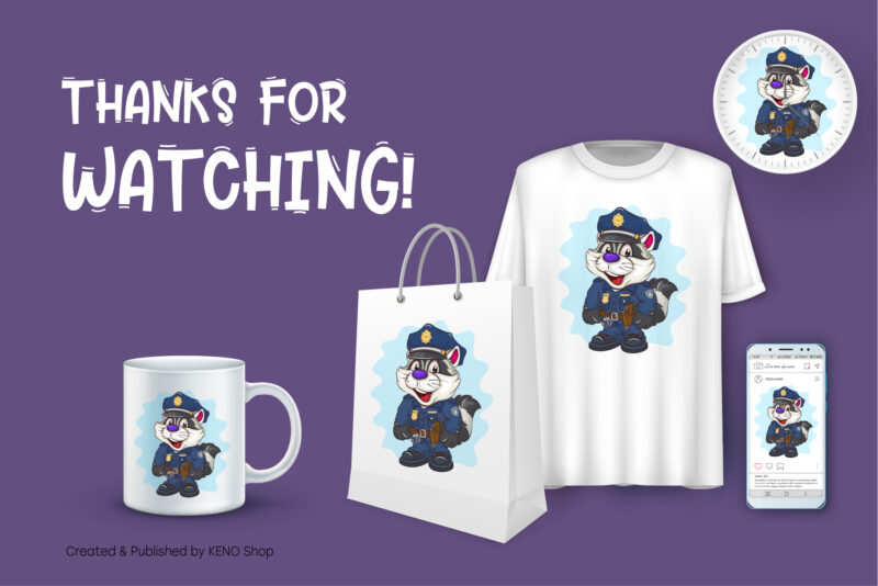 Cartoon Raccoon Cop. T-Shirt, PNG, SVG.