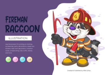Cartoon Raccoon Fireman. T-Shirt, PNG, SVG.