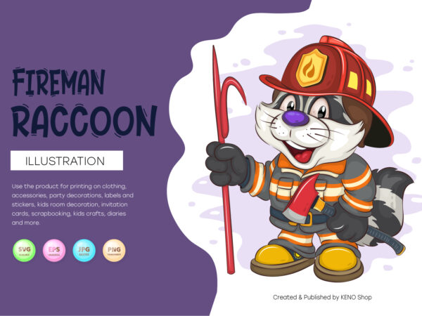 Cartoon raccoon fireman. t-shirt, png, svg.