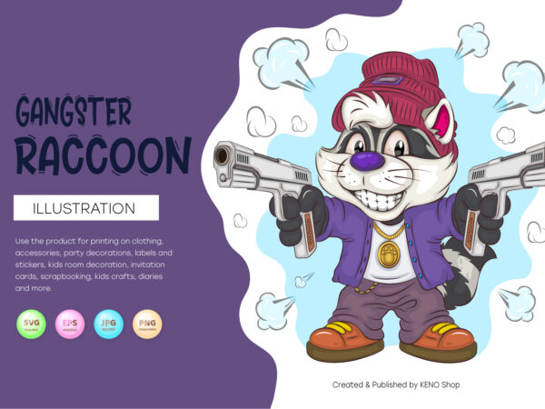 Cartoon raccoon gangster. t-shirt, png, svg.