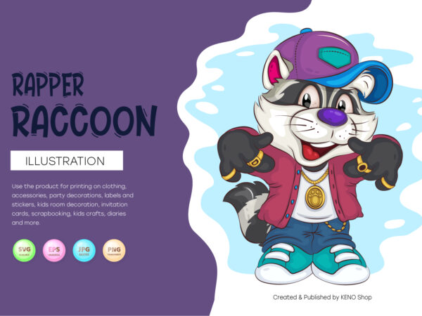 Cartoon raccoon hip-hop rapper. t-shirt, png, svg.