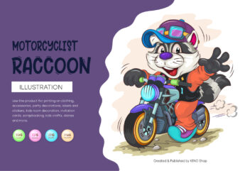 Cartoon Raccoon Motorcyclist. T-Shirt, PNG, SVG.