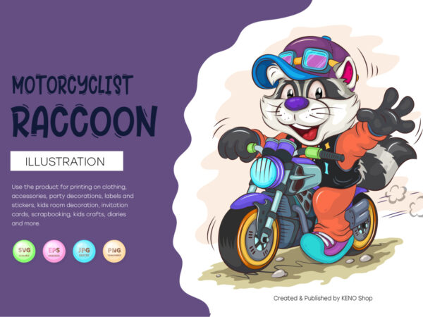 Cartoon raccoon motorcyclist. t-shirt, png, svg.