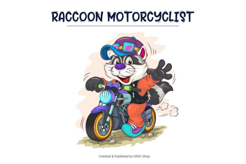 Cartoon Raccoon Motorcyclist. T-Shirt, PNG, SVG.