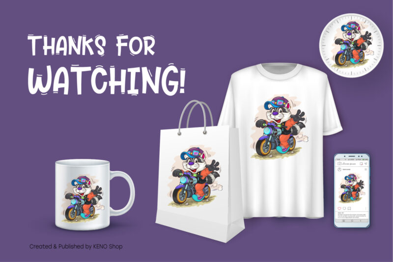 Cartoon Raccoon Motorcyclist. T-Shirt, PNG, SVG.