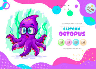 Cartoon Surprised Octopus. T-Shirt, PNG, SVG.