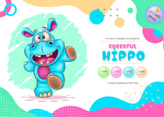 Cheerful Cartoon Hippo. T-Shirt, PNG, SVG.
