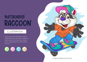 Cute Cartoon Raccoon on a skateboard. T-Shirt, PNG, SVG.